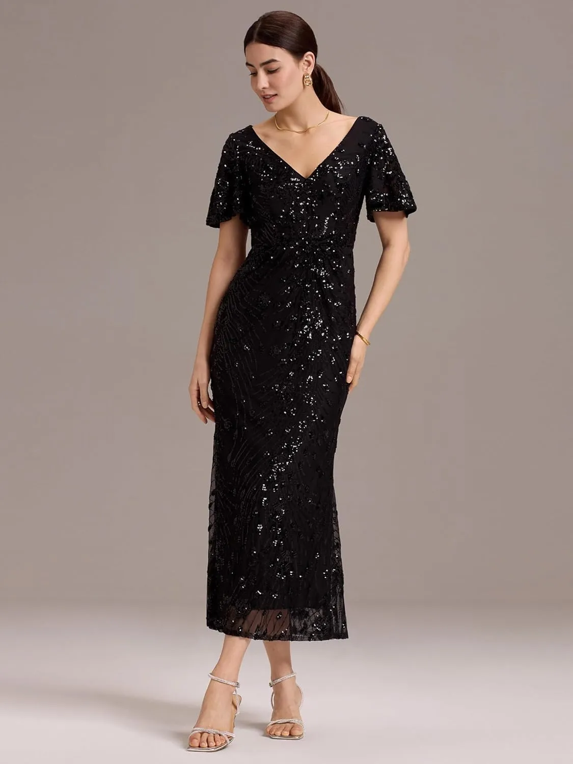 Ever-Pretty Women's Gorgeous V Neck Sequin Tulle Short Sleeves Maxi Evening Gowns 02370