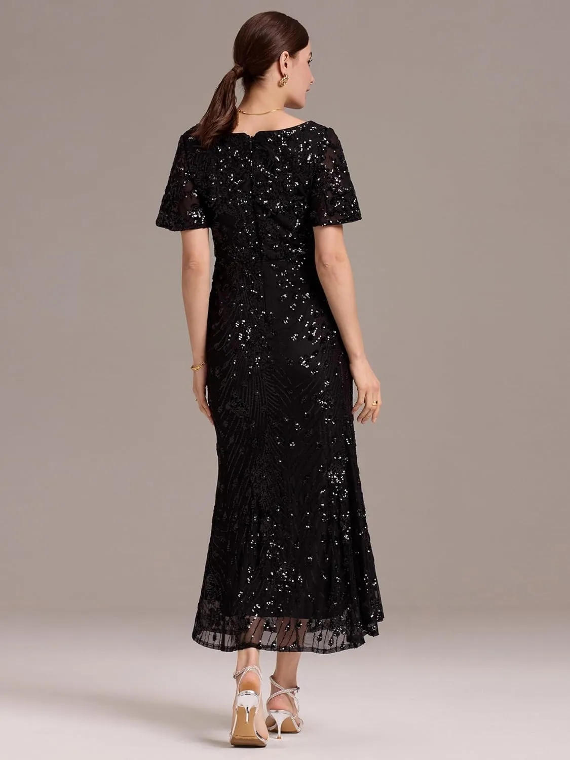 Ever-Pretty Women's Gorgeous V Neck Sequin Tulle Short Sleeves Maxi Evening Gowns 02370
