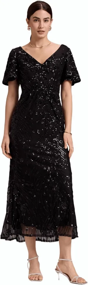 Ever-Pretty Women's Gorgeous V Neck Sequin Tulle Short Sleeves Maxi Evening Gowns 02370