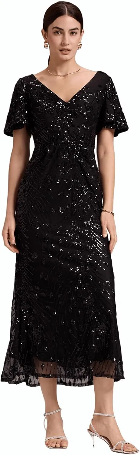 Ever-Pretty Women's Gorgeous V Neck Sequin Tulle Short Sleeves Maxi Evening Gowns 02370