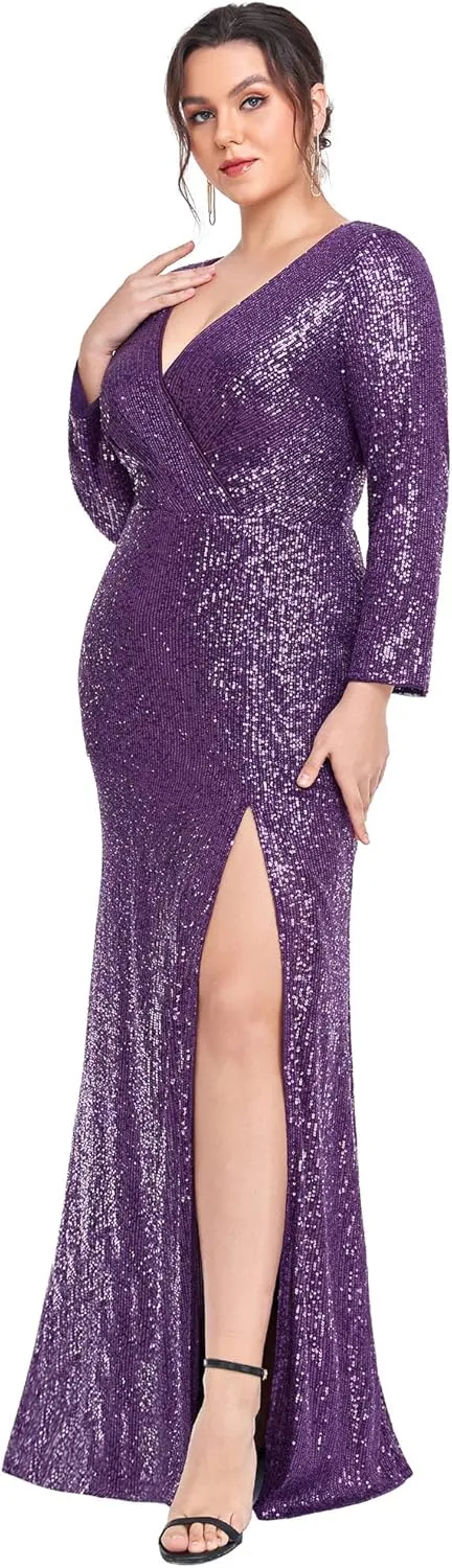 Ever-Pretty Women's Plus Size Long Sleeve Slit Sequin Maxi Evening Dresses 0824-PZUSA