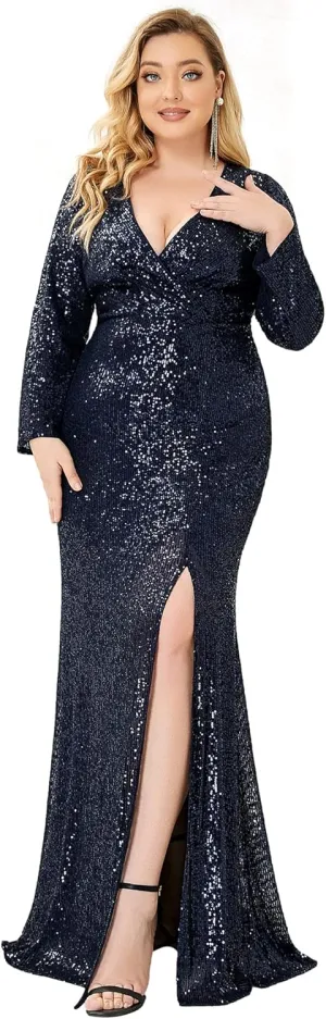 Ever-Pretty Women's Plus Size Long Sleeve Slit Sequin Maxi Evening Dresses 0824-PZUSA