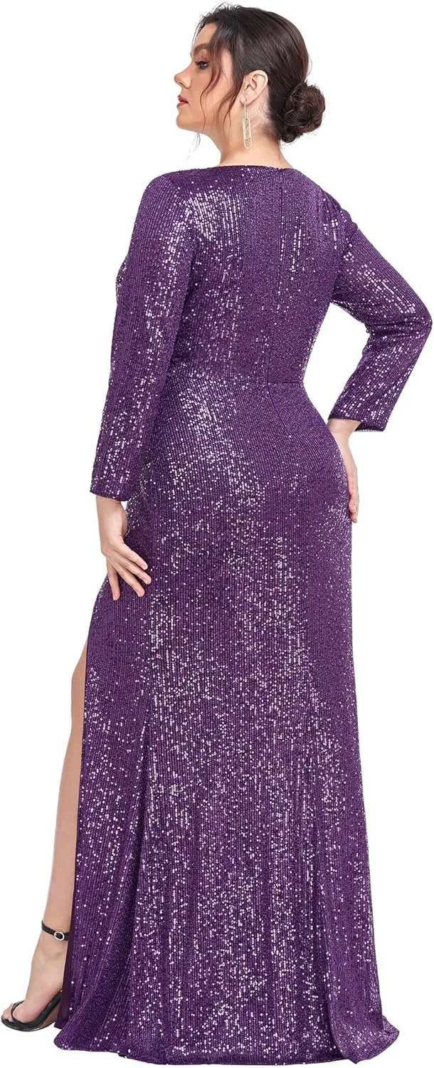 Ever-Pretty Women's Plus Size Long Sleeve Slit Sequin Maxi Evening Dresses 0824-PZUSA