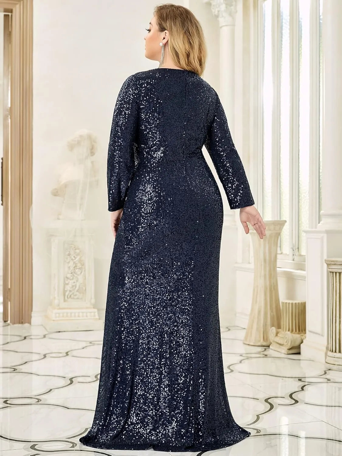 Ever-Pretty Women's Plus Size Long Sleeve Slit Sequin Maxi Evening Dresses 0824-PZUSA