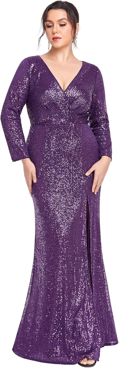 Ever-Pretty Women's Plus Size Long Sleeve Slit Sequin Maxi Evening Dresses 0824-PZUSA