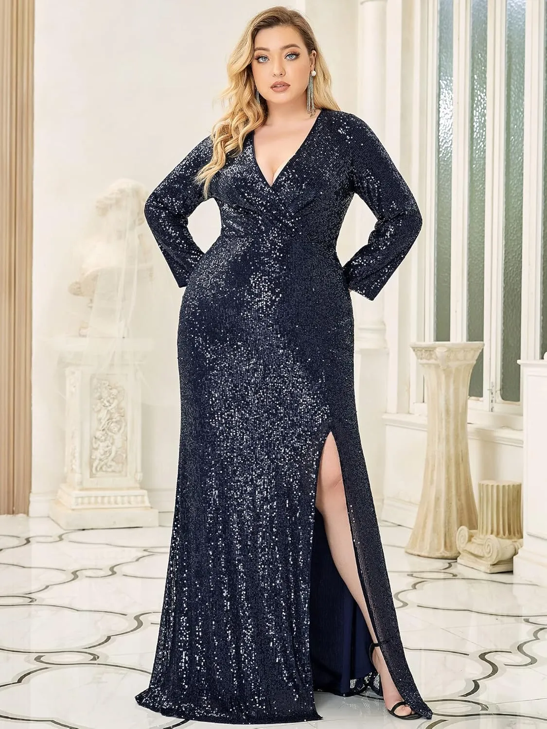 Ever-Pretty Women's Plus Size Long Sleeve Slit Sequin Maxi Evening Dresses 0824-PZUSA