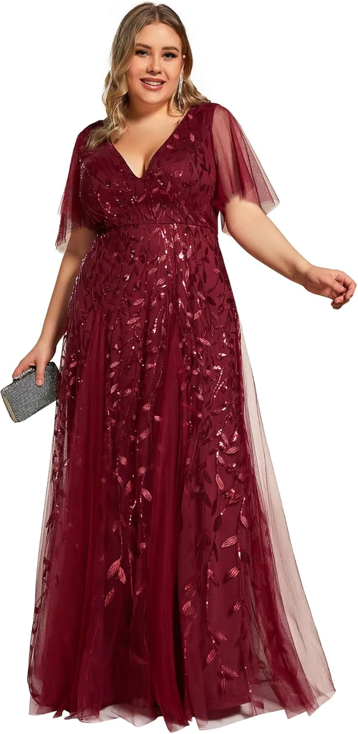 Ever-Pretty Womens Plus Size V-Neck Sequin Emboridery Formal Evening Dresses with Sleeves 00736-DA