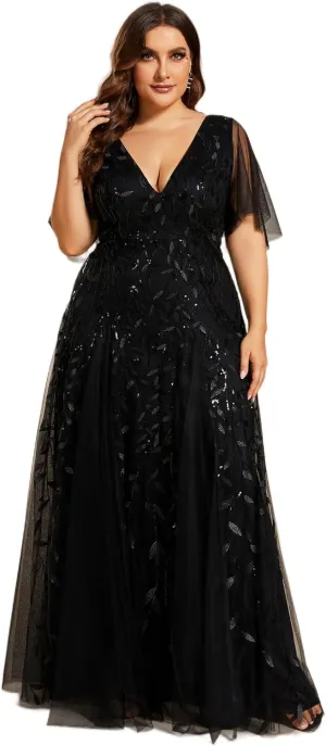 Ever-Pretty Womens Plus Size V-Neck Sequin Emboridery Formal Evening Dresses with Sleeves 00736-DA