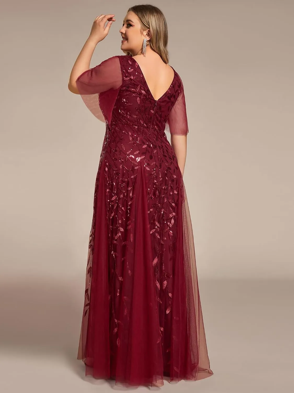 Ever-Pretty Womens Plus Size V-Neck Sequin Emboridery Formal Evening Dresses with Sleeves 00736-DA