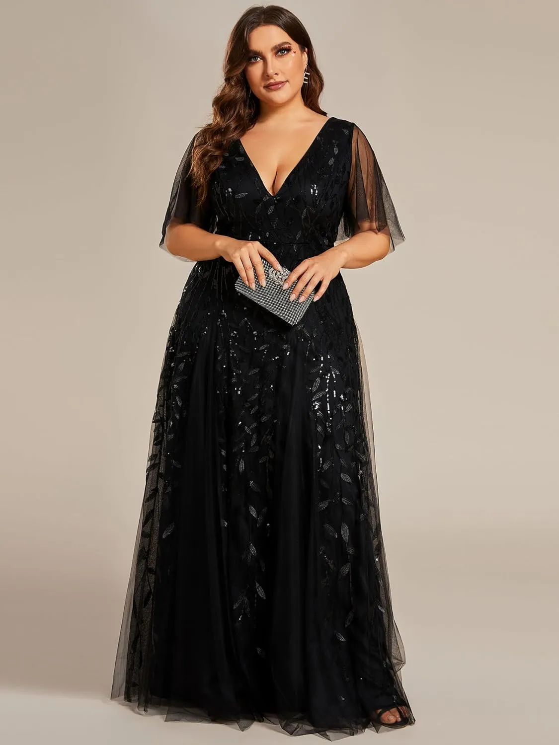 Ever-Pretty Womens Plus Size V-Neck Sequin Emboridery Formal Evening Dresses with Sleeves 00736-DA