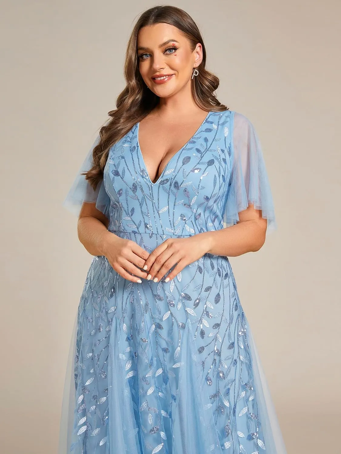 Ever-Pretty Womens Plus Size V-Neck Sequin Emboridery Formal Evening Dresses with Sleeves 00736-DA