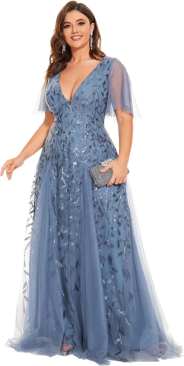 Ever-Pretty Womens Plus Size V-Neck Sequin Emboridery Formal Evening Dresses with Sleeves 00736-DA
