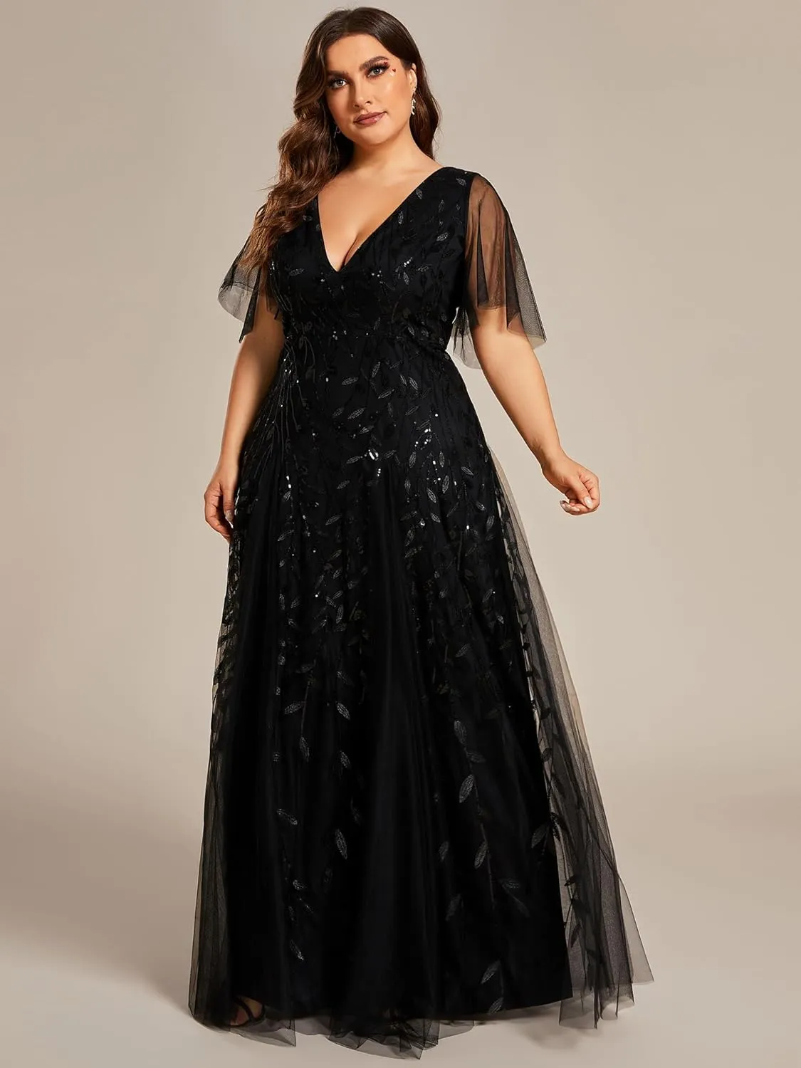 Ever-Pretty Womens Plus Size V-Neck Sequin Emboridery Formal Evening Dresses with Sleeves 00736-DA