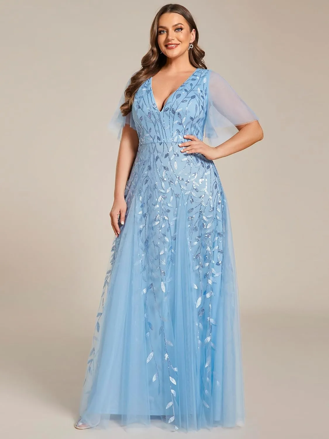 Ever-Pretty Womens Plus Size V-Neck Sequin Emboridery Formal Evening Dresses with Sleeves 00736-DA