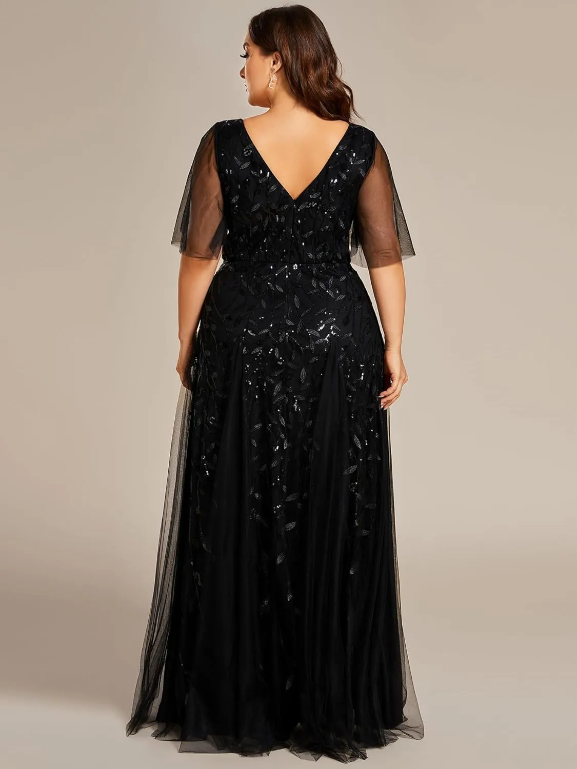 Ever-Pretty Womens Plus Size V-Neck Sequin Emboridery Formal Evening Dresses with Sleeves 00736-DA