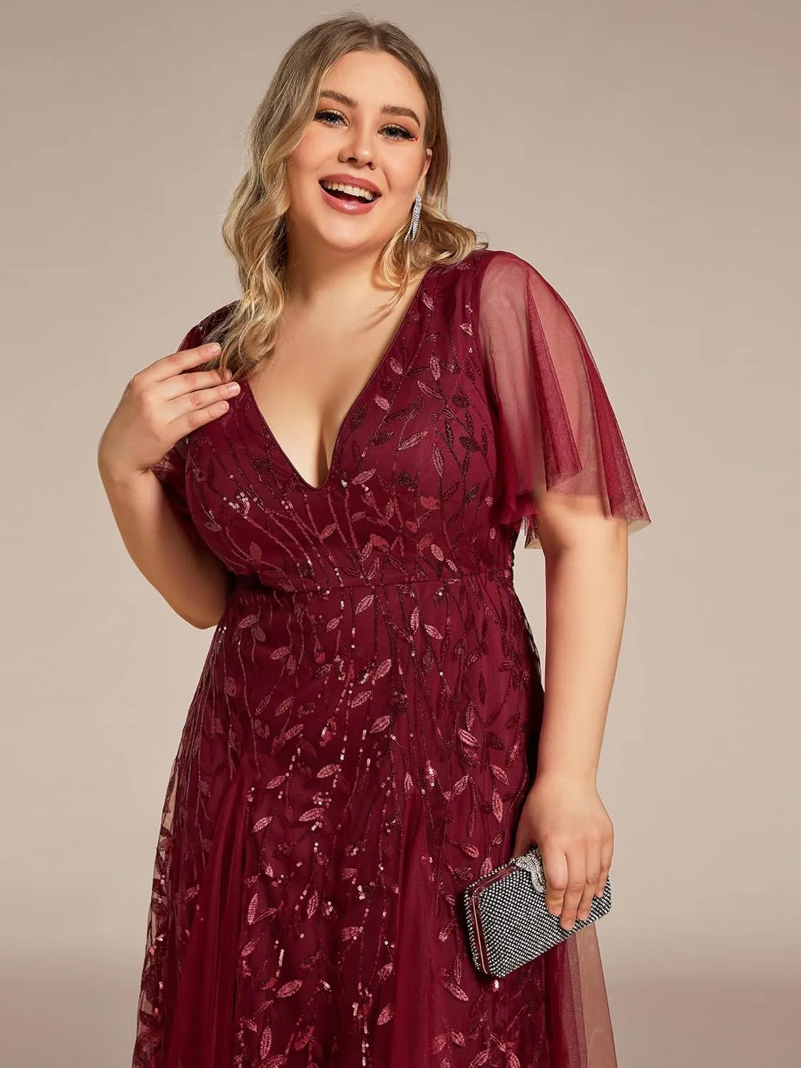 Ever-Pretty Womens Plus Size V-Neck Sequin Emboridery Formal Evening Dresses with Sleeves 00736-DA