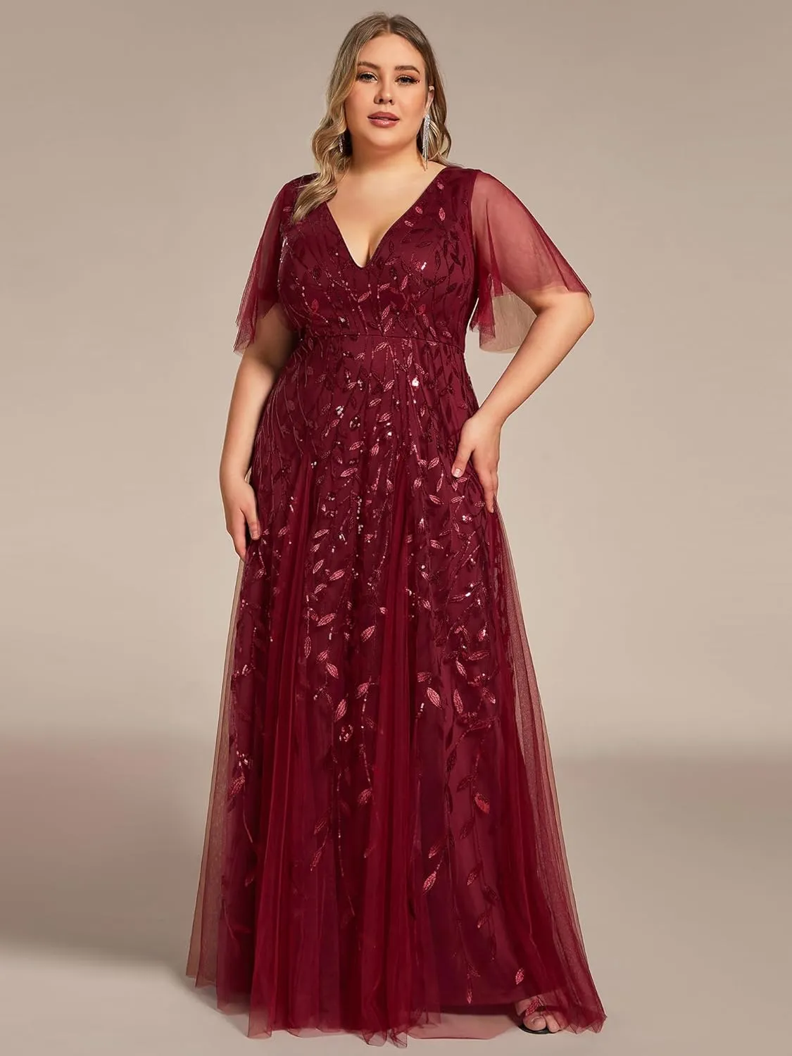 Ever-Pretty Womens Plus Size V-Neck Sequin Emboridery Formal Evening Dresses with Sleeves 00736-DA