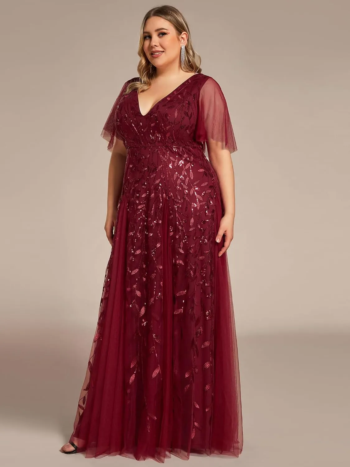 Ever-Pretty Womens Plus Size V-Neck Sequin Emboridery Formal Evening Dresses with Sleeves 00736-DA