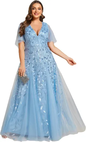 Ever-Pretty Womens Plus Size V-Neck Sequin Emboridery Formal Evening Dresses with Sleeves 00736-DA