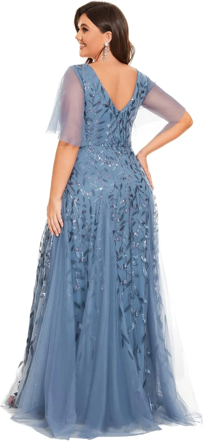 Ever-Pretty Womens Plus Size V-Neck Sequin Emboridery Formal Evening Dresses with Sleeves 00736-DA