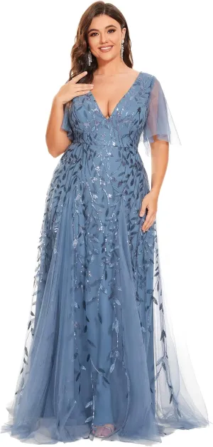 Ever-Pretty Womens Plus Size V-Neck Sequin Emboridery Formal Evening Dresses with Sleeves 00736-DA