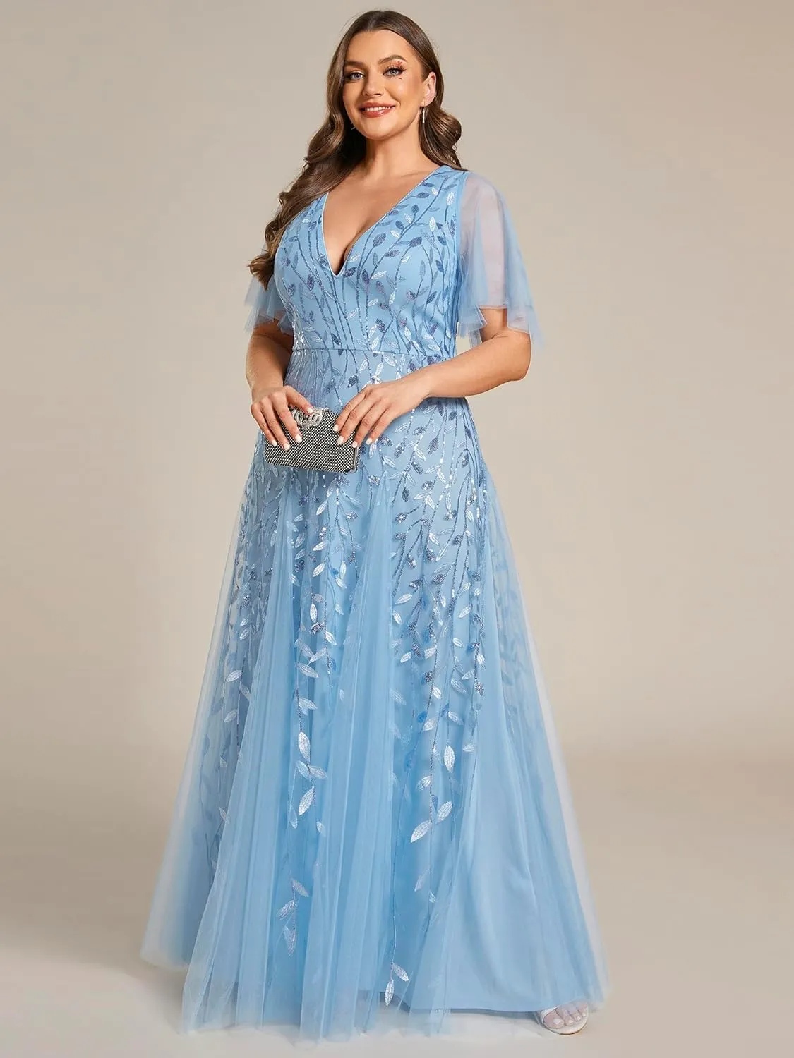 Ever-Pretty Womens Plus Size V-Neck Sequin Emboridery Formal Evening Dresses with Sleeves 00736-DA