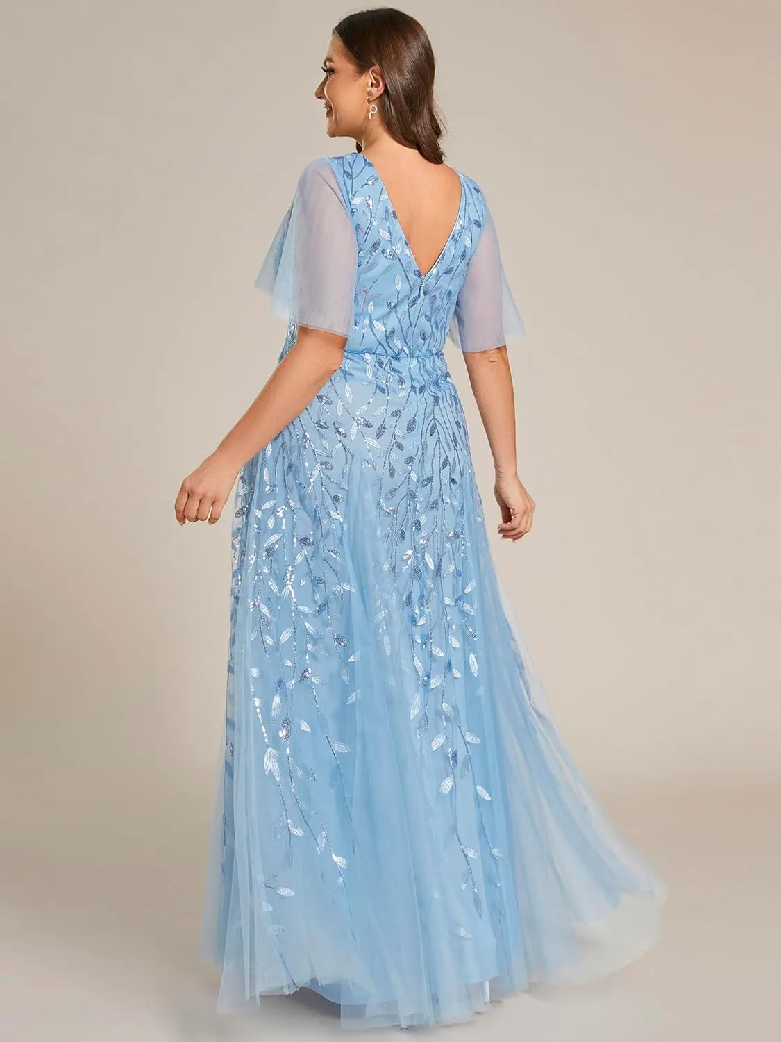 Ever-Pretty Womens Plus Size V-Neck Sequin Emboridery Formal Evening Dresses with Sleeves 00736-DA