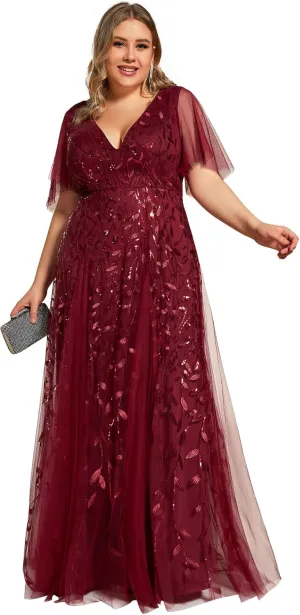 Ever-Pretty Womens Plus Size V-Neck Sequin Emboridery Formal Evening Dresses with Sleeves 00736-DA