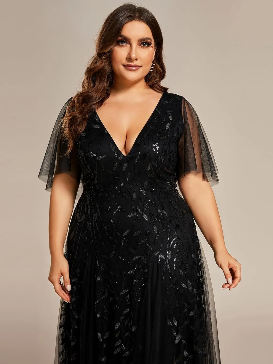 Ever-Pretty Womens Plus Size V-Neck Sequin Emboridery Formal Evening Dresses with Sleeves 00736-DA