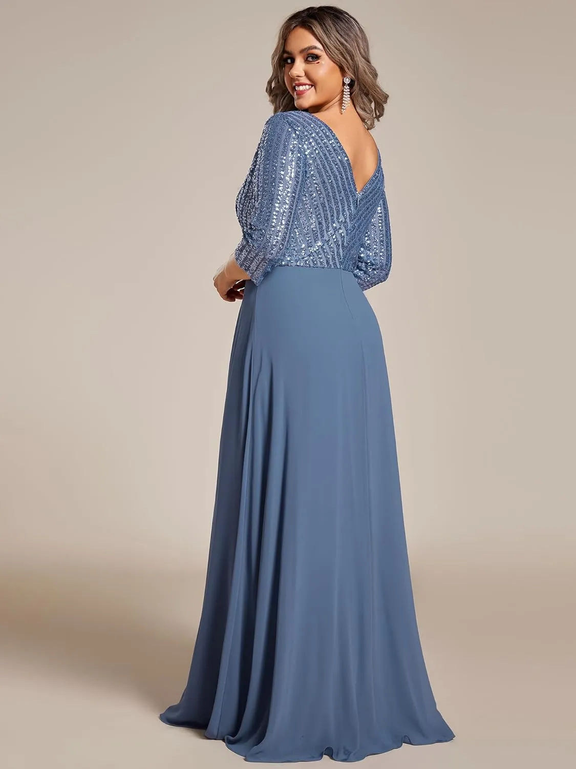 Ever-Pretty Women's Plus Size V-Neck Sparkle Sequins Chiffon 3/4 Sleevess Formal Dresses 0751-PZ