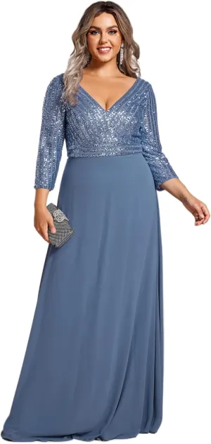 Ever-Pretty Women's Plus Size V-Neck Sparkle Sequins Chiffon 3/4 Sleevess Formal Dresses 0751-PZ