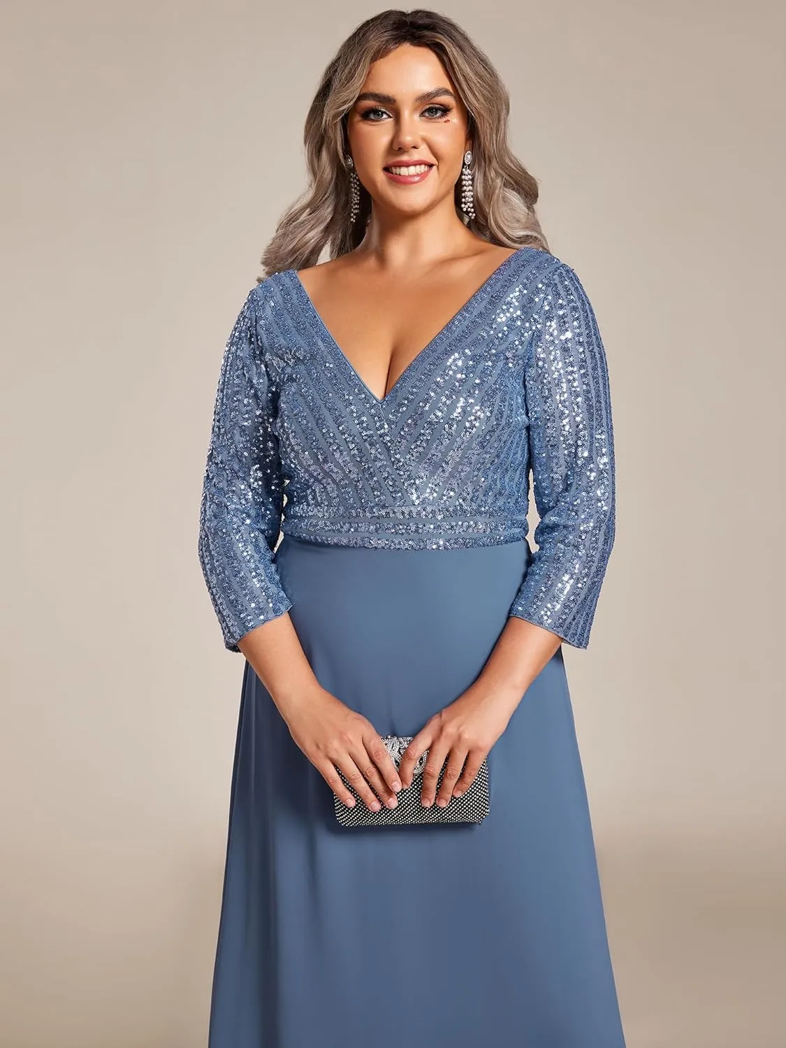 Ever-Pretty Women's Plus Size V-Neck Sparkle Sequins Chiffon 3/4 Sleevess Formal Dresses 0751-PZ