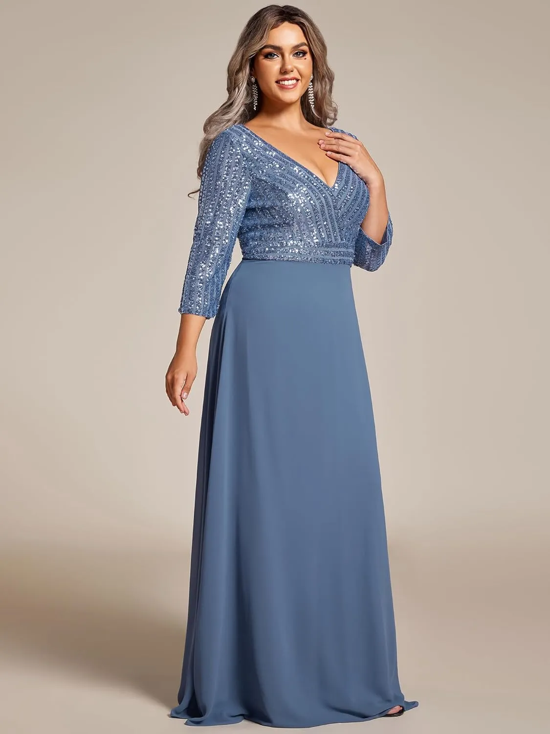 Ever-Pretty Women's Plus Size V-Neck Sparkle Sequins Chiffon 3/4 Sleevess Formal Dresses 0751-PZ