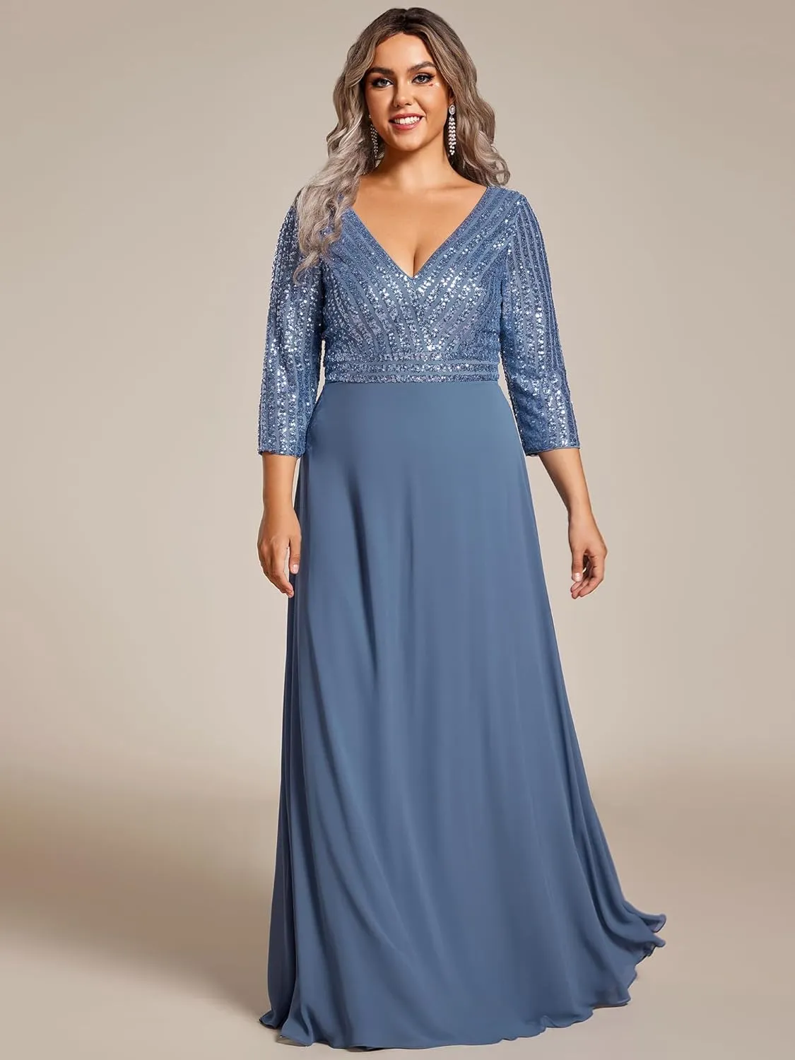 Ever-Pretty Women's Plus Size V-Neck Sparkle Sequins Chiffon 3/4 Sleevess Formal Dresses 0751-PZ