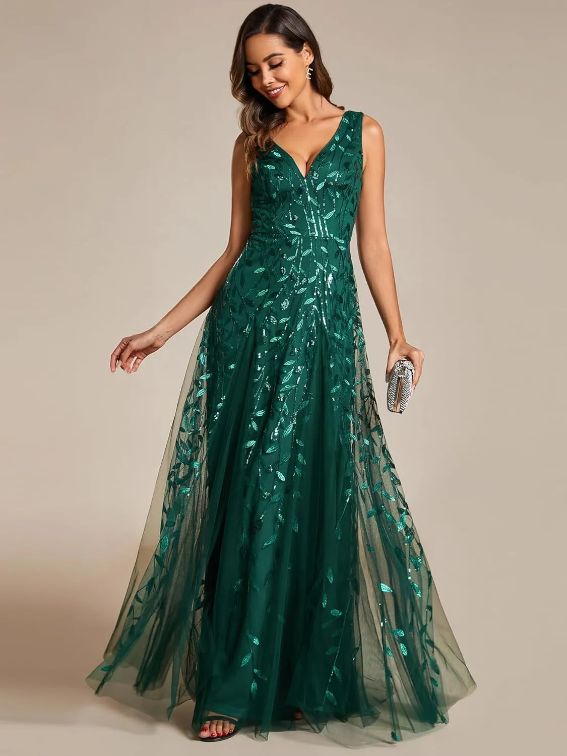 Ever-Pretty Women's Prom Dresses V Neck Sleeveless Tulle Hem A-Line Sequins Maxi Ball Gowns 02130