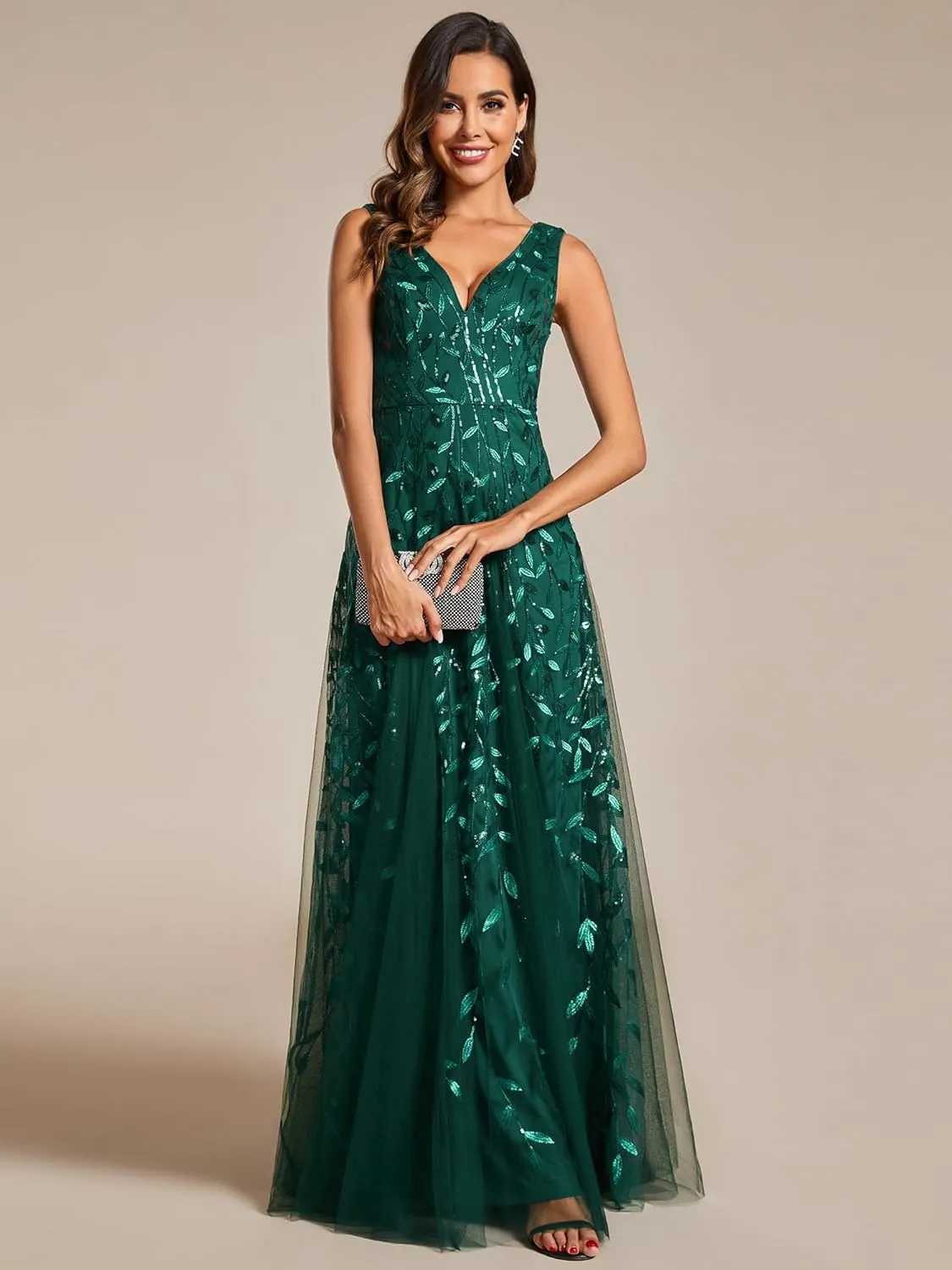Ever-Pretty Women's Prom Dresses V Neck Sleeveless Tulle Hem A-Line Sequins Maxi Ball Gowns 02130