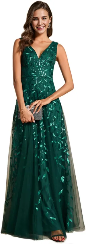 Ever-Pretty Women's Prom Dresses V Neck Sleeveless Tulle Hem A-Line Sequins Maxi Ball Gowns 02130