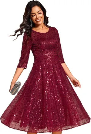 Ever-Pretty Women's Round Neck 3/4 Sleeves Formal Dresses Sequin A Line Midi Wedding Guest Dress 02241