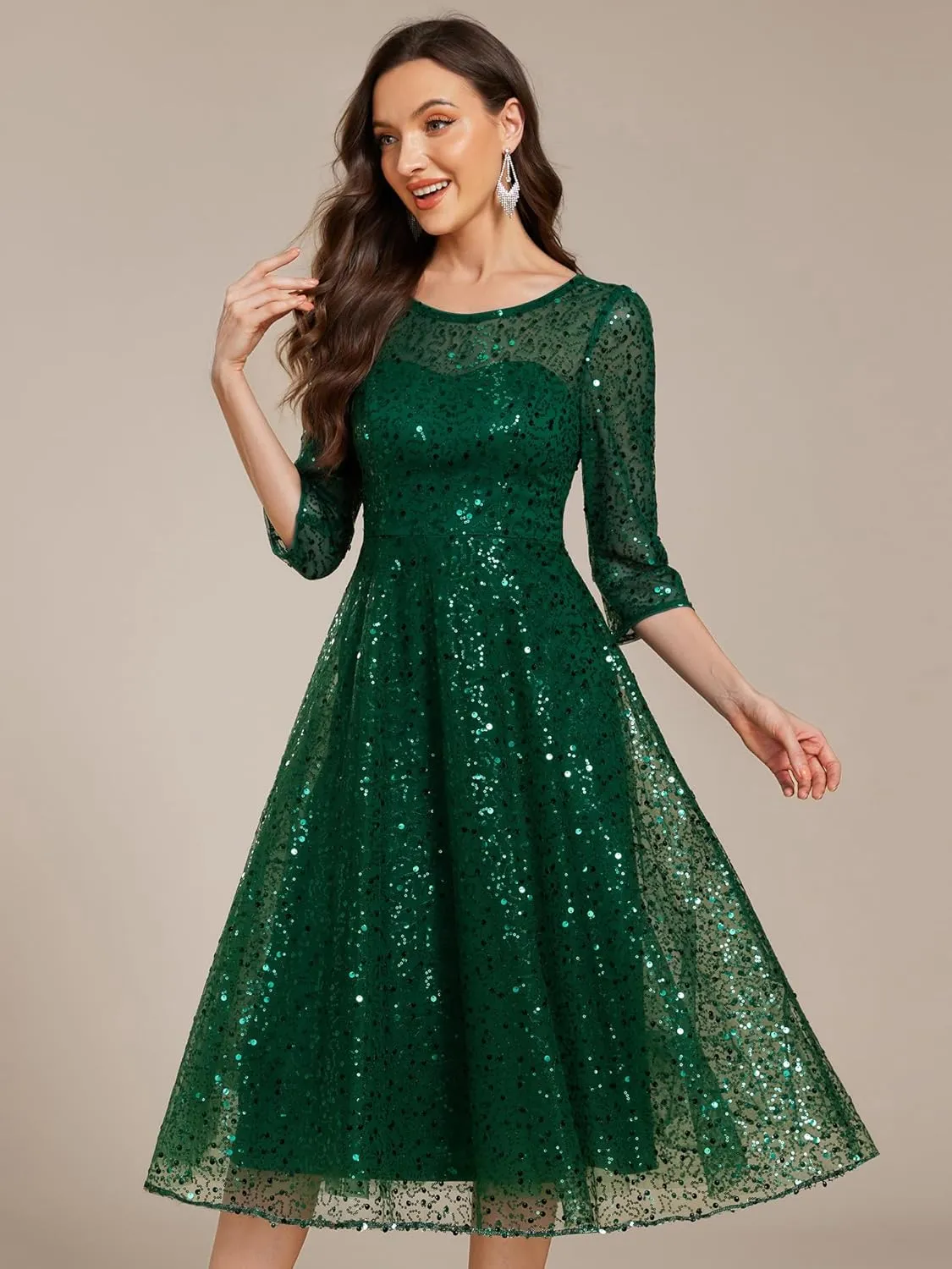 Ever-Pretty Women's Round Neck 3/4 Sleeves Formal Dresses Sequin A Line Midi Wedding Guest Dress 02241