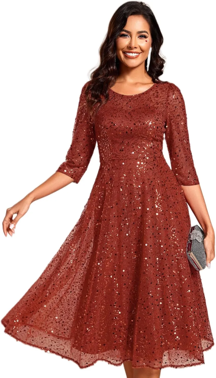 Ever-Pretty Women's Round Neck 3/4 Sleeves Formal Dresses Sequin A Line Midi Wedding Guest Dress 02241