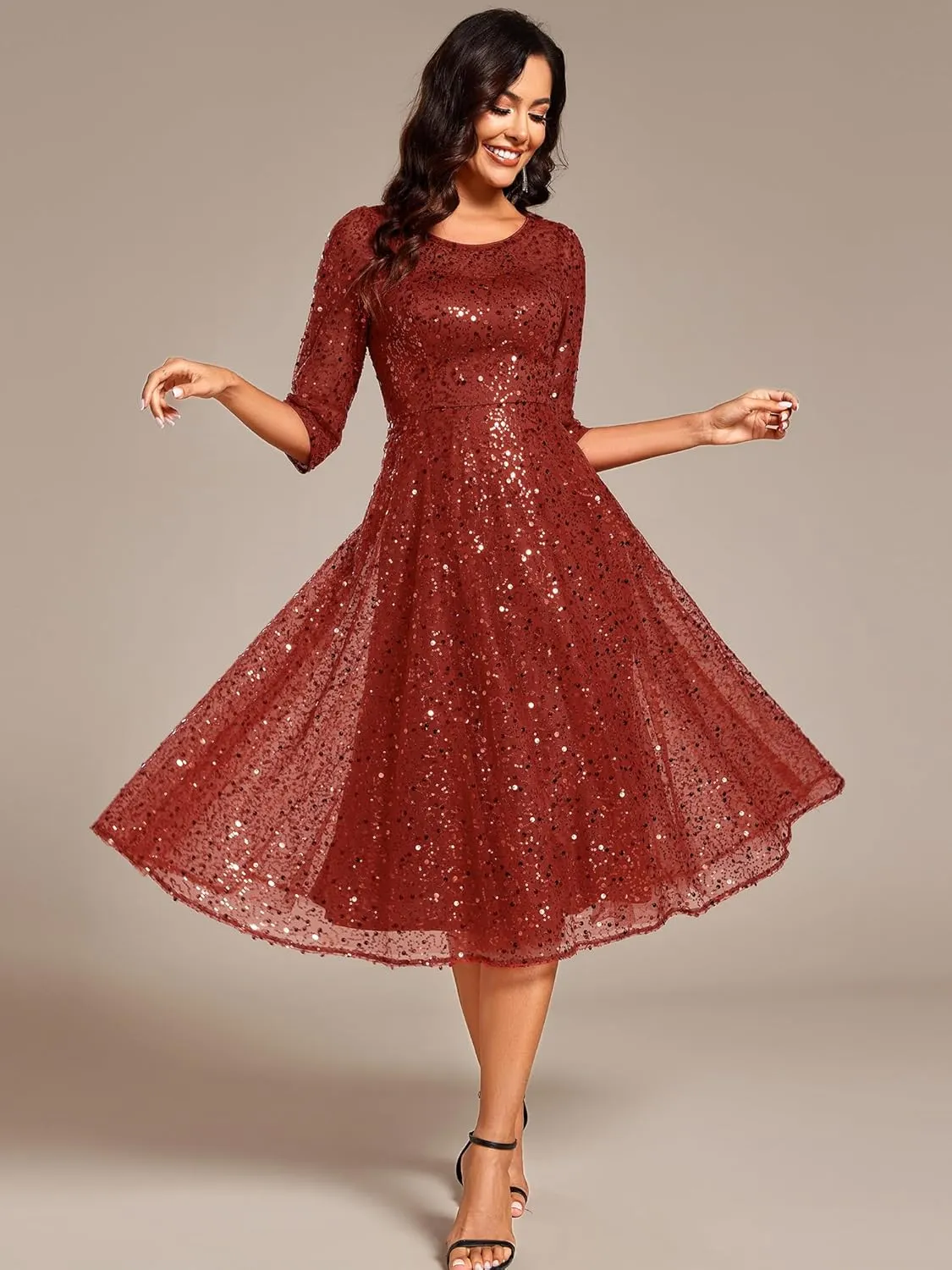 Ever-Pretty Women's Round Neck 3/4 Sleeves Formal Dresses Sequin A Line Midi Wedding Guest Dress 02241