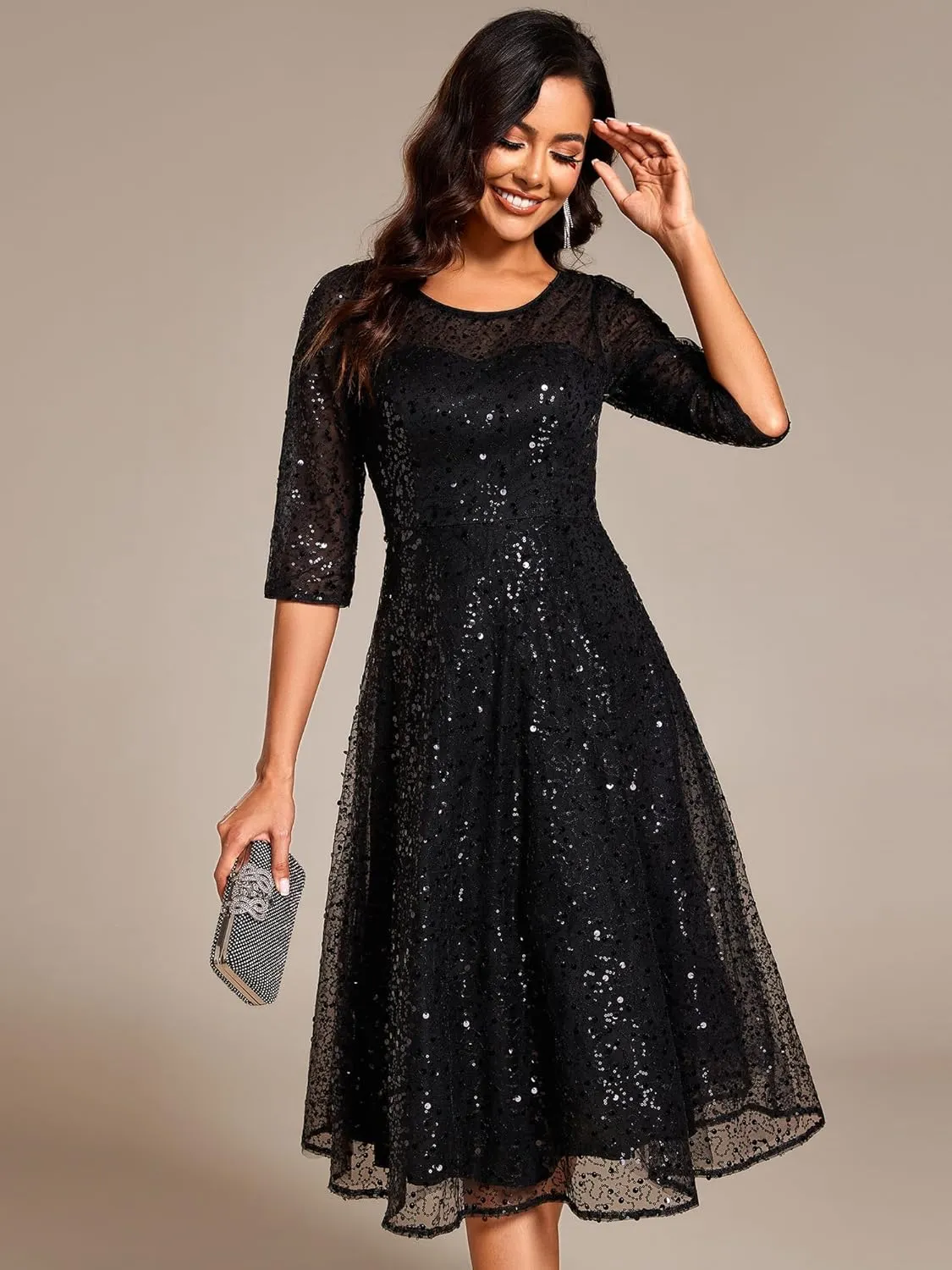 Ever-Pretty Women's Round Neck 3/4 Sleeves Formal Dresses Sequin A Line Midi Wedding Guest Dress 02241