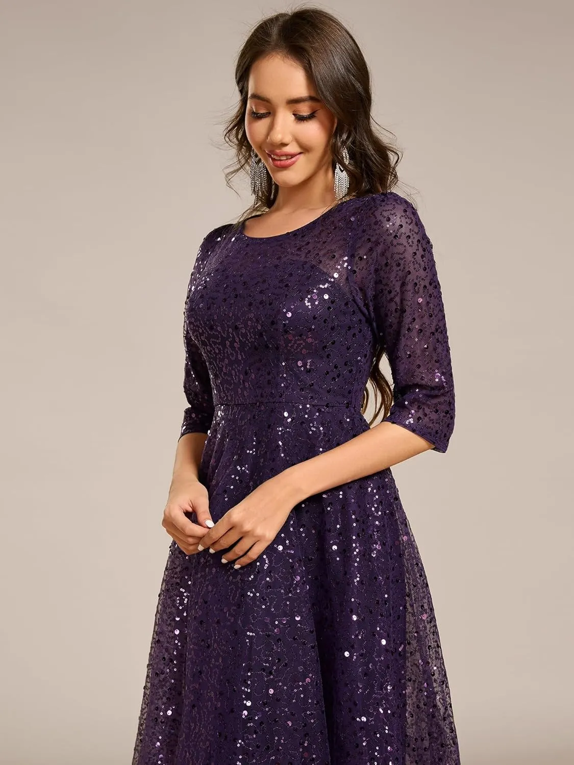 Ever-Pretty Women's Round Neck 3/4 Sleeves Formal Dresses Sequin A Line Midi Wedding Guest Dress 02241