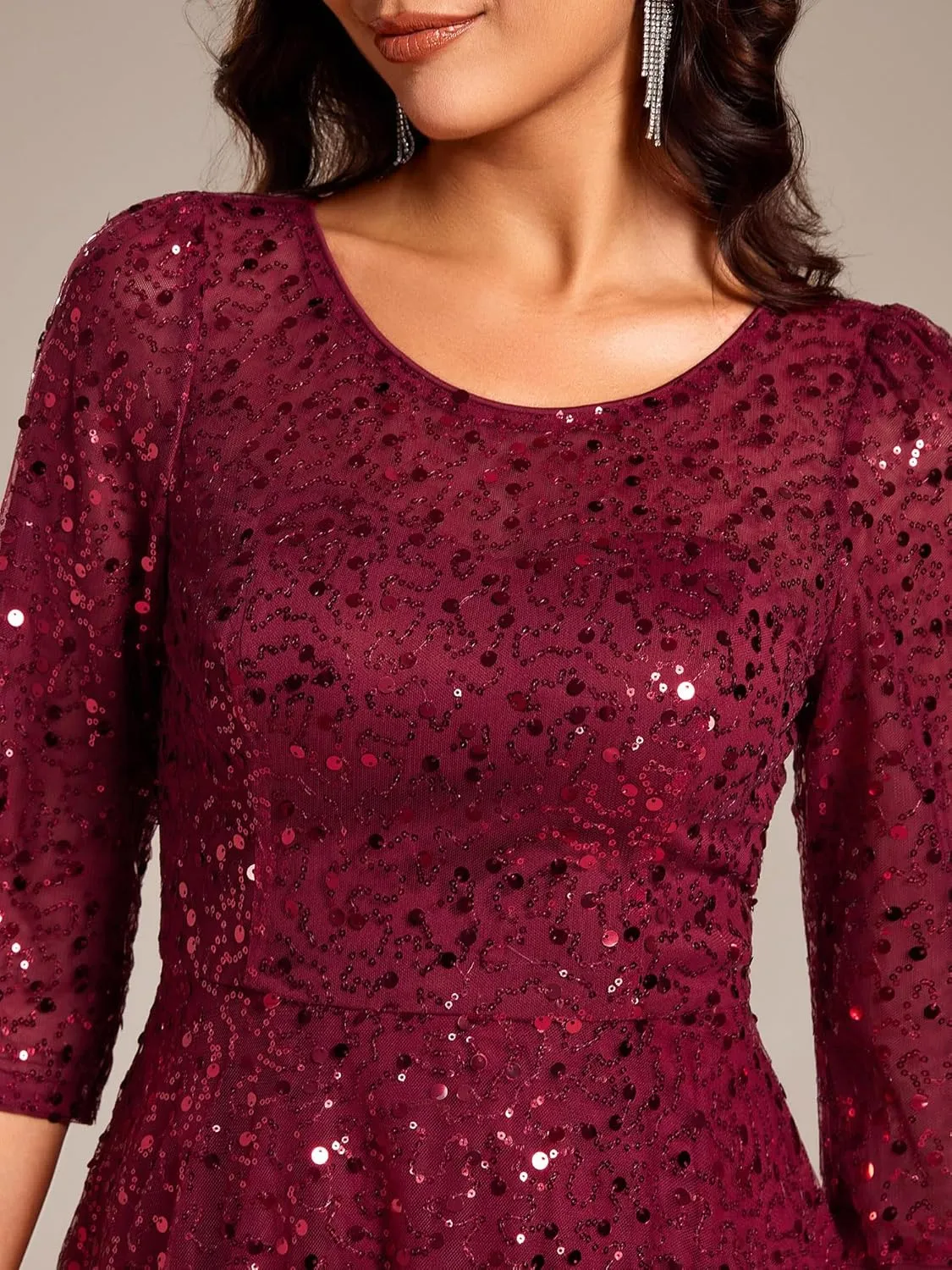 Ever-Pretty Women's Round Neck 3/4 Sleeves Formal Dresses Sequin A Line Midi Wedding Guest Dress 02241