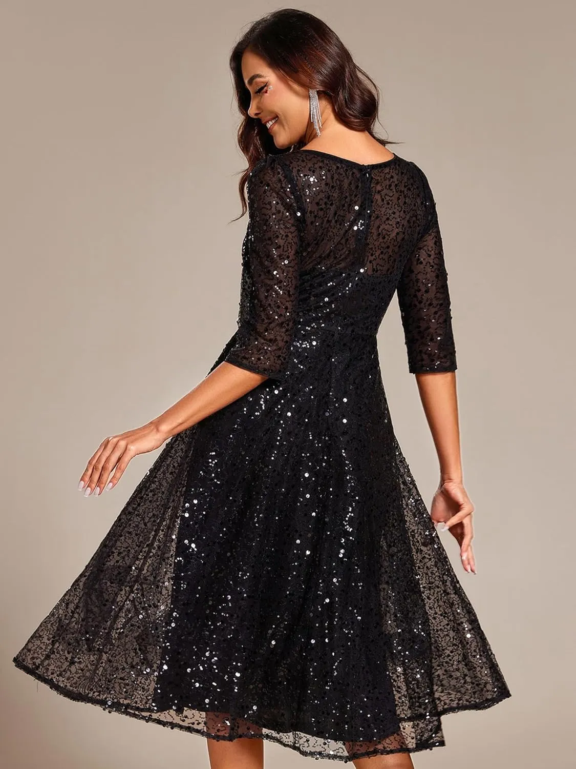 Ever-Pretty Women's Round Neck 3/4 Sleeves Formal Dresses Sequin A Line Midi Wedding Guest Dress 02241