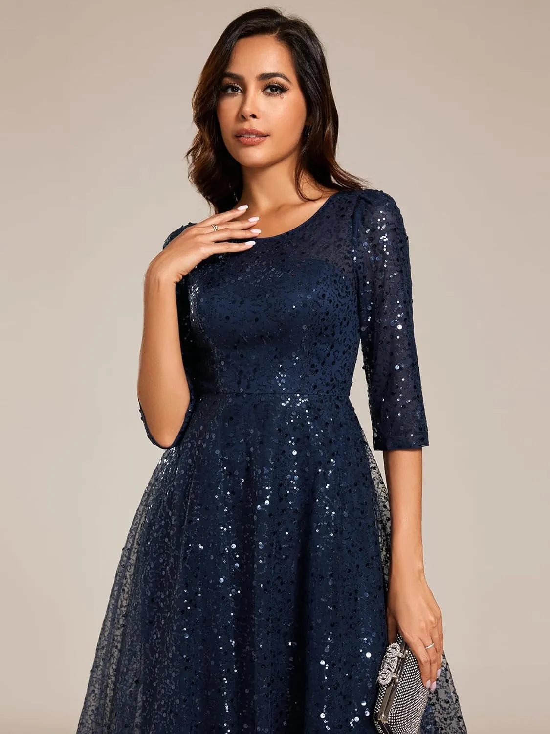 Ever-Pretty Women's Round Neck 3/4 Sleeves Formal Dresses Sequin A Line Midi Wedding Guest Dress 02241