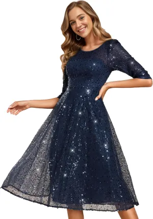 Ever-Pretty Women's Round Neck 3/4 Sleeves Formal Dresses Sequin A Line Midi Wedding Guest Dress 02241