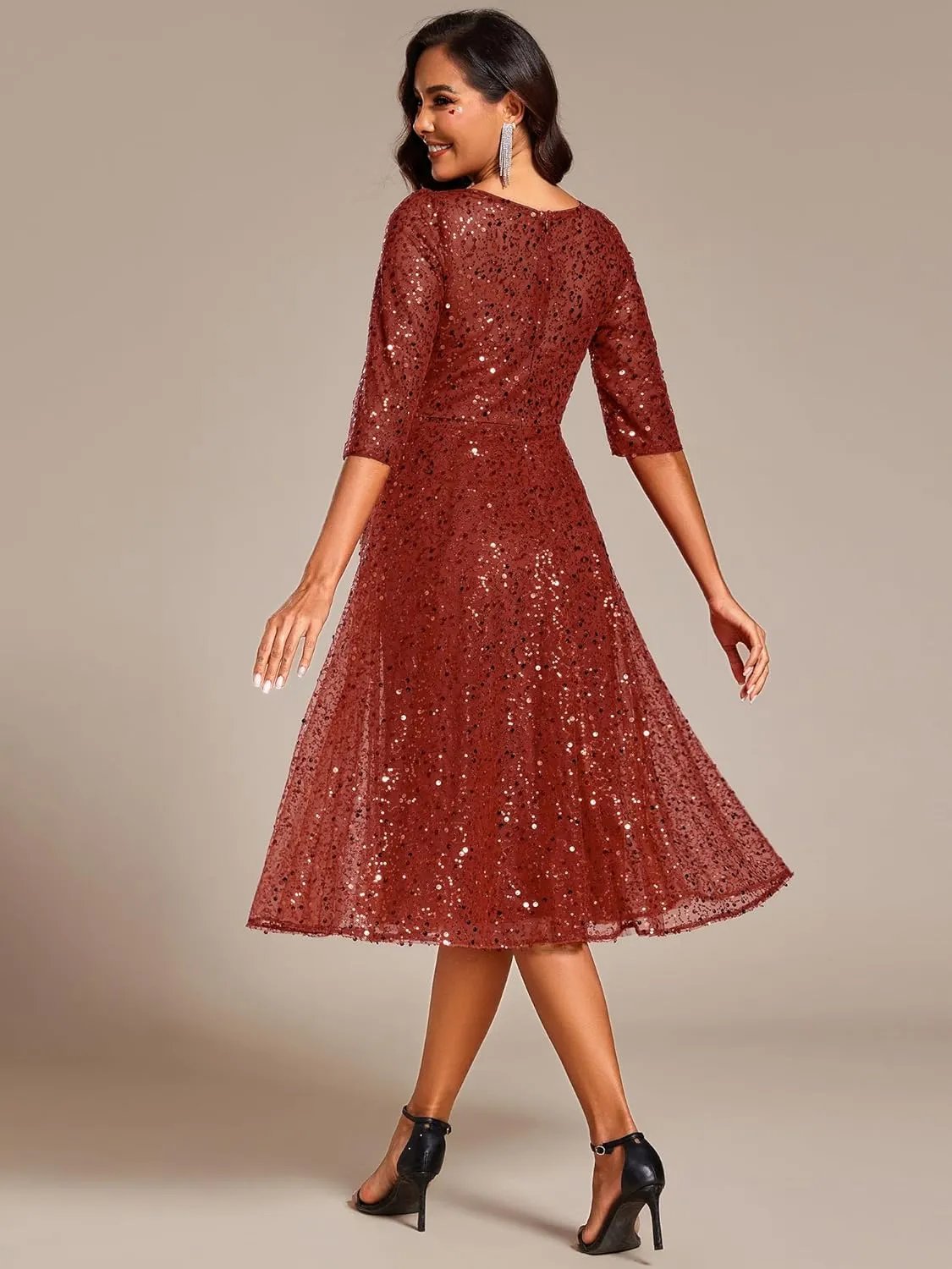 Ever-Pretty Women's Round Neck 3/4 Sleeves Formal Dresses Sequin A Line Midi Wedding Guest Dress 02241