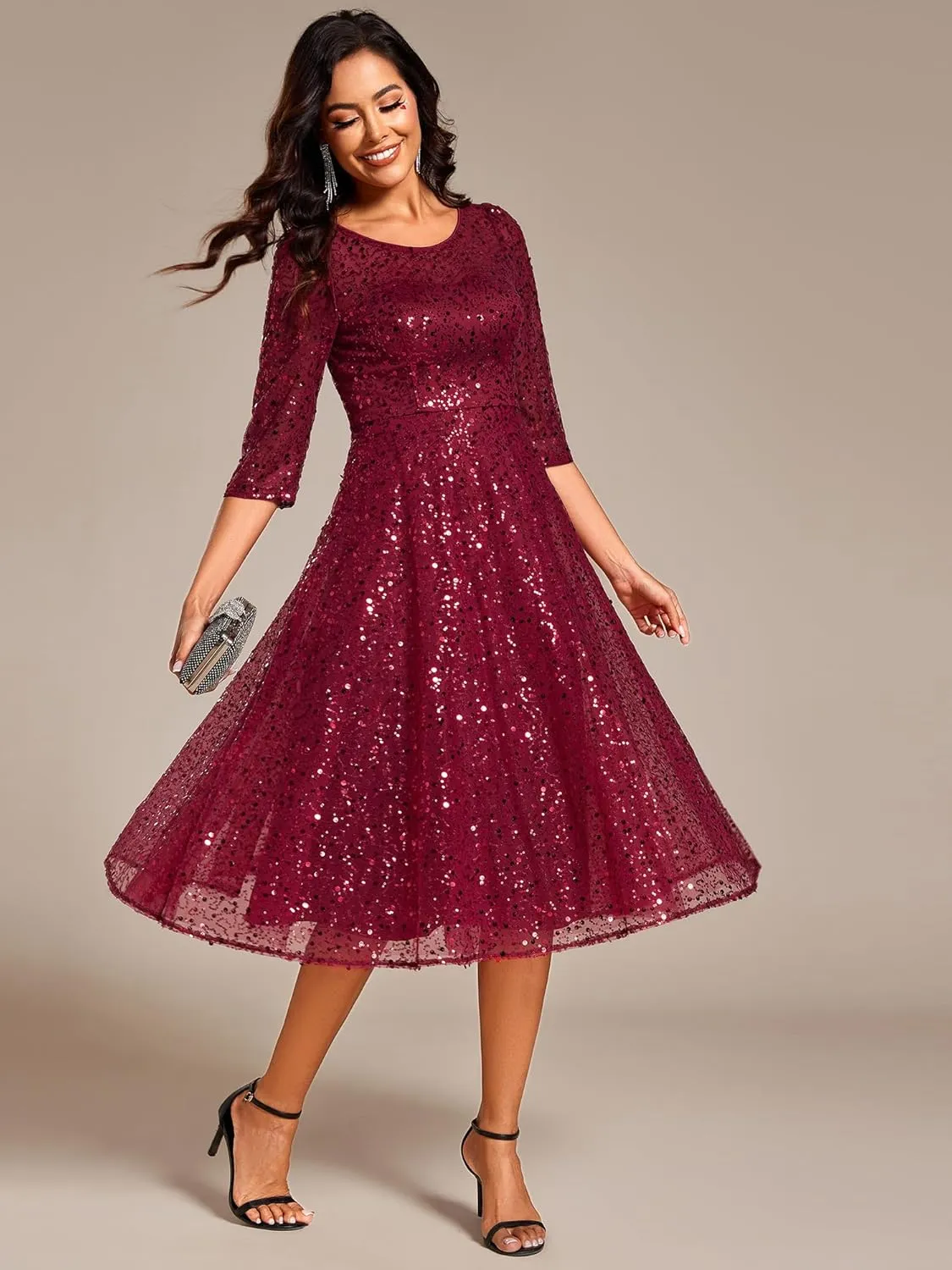 Ever-Pretty Women's Round Neck 3/4 Sleeves Formal Dresses Sequin A Line Midi Wedding Guest Dress 02241
