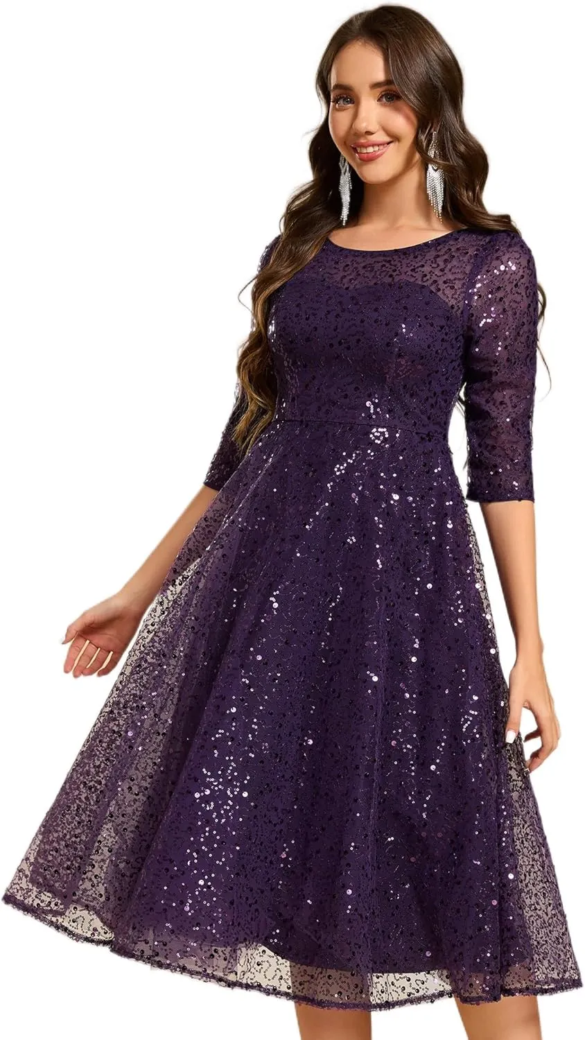 Ever-Pretty Women's Round Neck 3/4 Sleeves Formal Dresses Sequin A Line Midi Wedding Guest Dress 02241